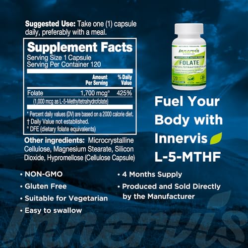 INNERVISNUTRITION Bioavailable Active Folate L-5-MTHF Vitamin B9 120 Vegetable Capsules Support Brain Health