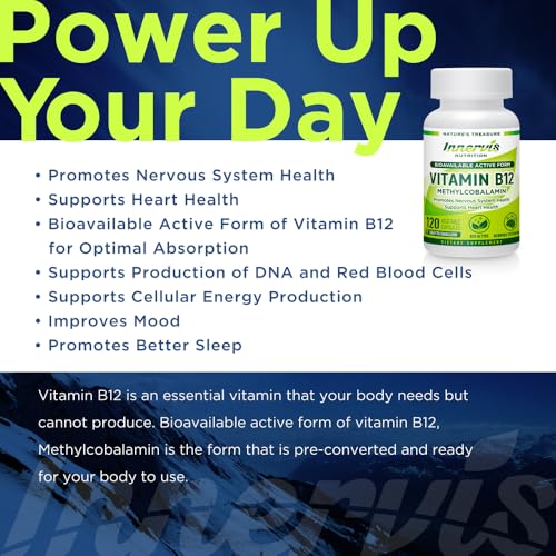 INNERVISNUTRITION Bioavailable Active Form Vitamin B12 120 Vegetable Capsules Support Heart Health Boost Energy