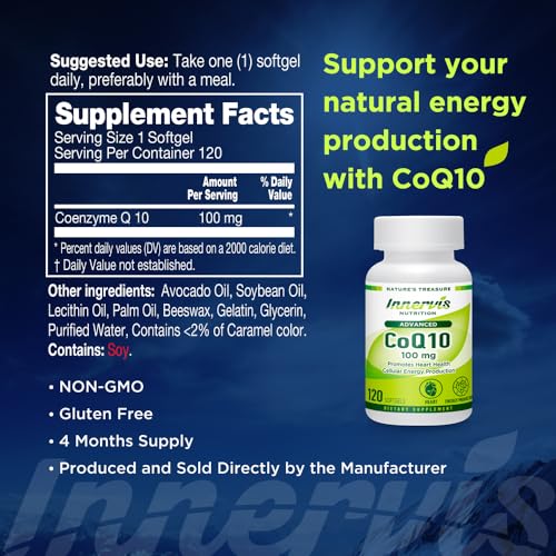 INNERVISNUTRITION Advanced CoQ10 100mg 120 Softgels Promote Heart Health Energy Production Powerful Antioxidant Supplement