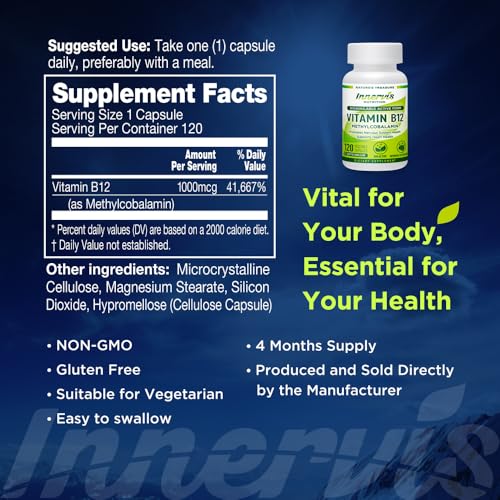 INNERVISNUTRITION Bioavailable Active Form Vitamin B12 120 Vegetable Capsules Support Heart Health Boost Energy