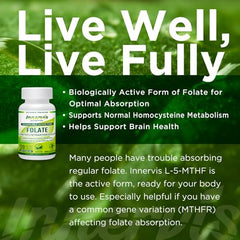 INNERVISNUTRITION Bioavailable Active Folate L-5-MTHF Vitamin B9 120 Vegetable Capsules Support Brain Health