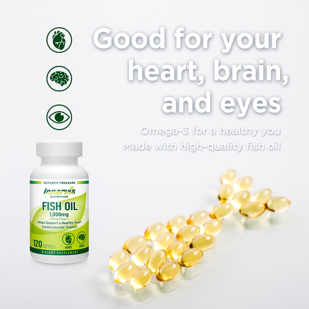 INNERVISNUTRITION Fish Oil 1000mg Supplement – 120 Softgels Omega-3 Support Heart Brain Eye Health EPA and DHA Non-GMO Gluten Free