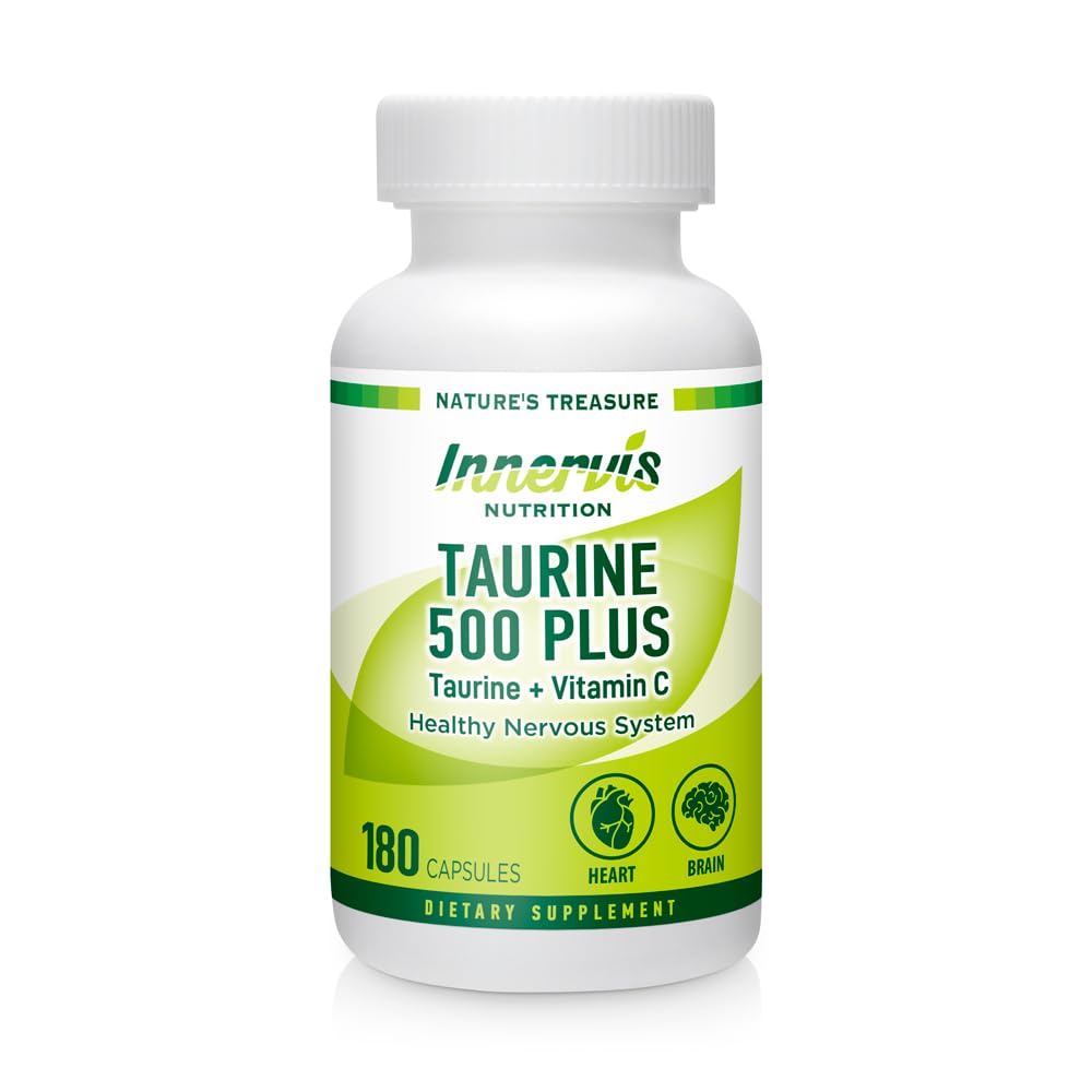 INNERVISNUTRITION Taurine 500 Plus Vitamin C – 180 Capsules Healthy Heart Brain Health Boost Energy Antioxidant Amino Acid Supplement