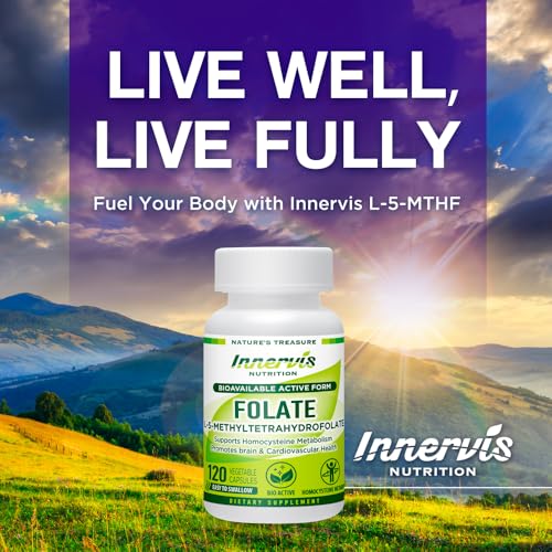 INNERVISNUTRITION Bioavailable Active Folate L-5-MTHF Vitamin B9 120 Vegetable Capsules Support Brain Health