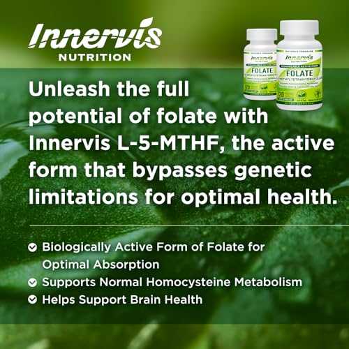 INNERVISNUTRITION Bioavailable Active Folate L-5-MTHF Vitamin B9 120 Vegetable Capsules Support Brain Health