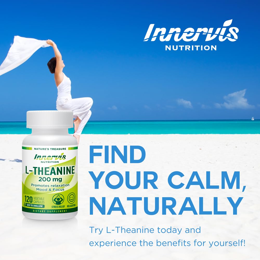 INNERVISNUTRITION L-Theanine 200mg - Promotes Relaxation Focus and Concentration 120 Veggie Capsules Stress Relief Supplement