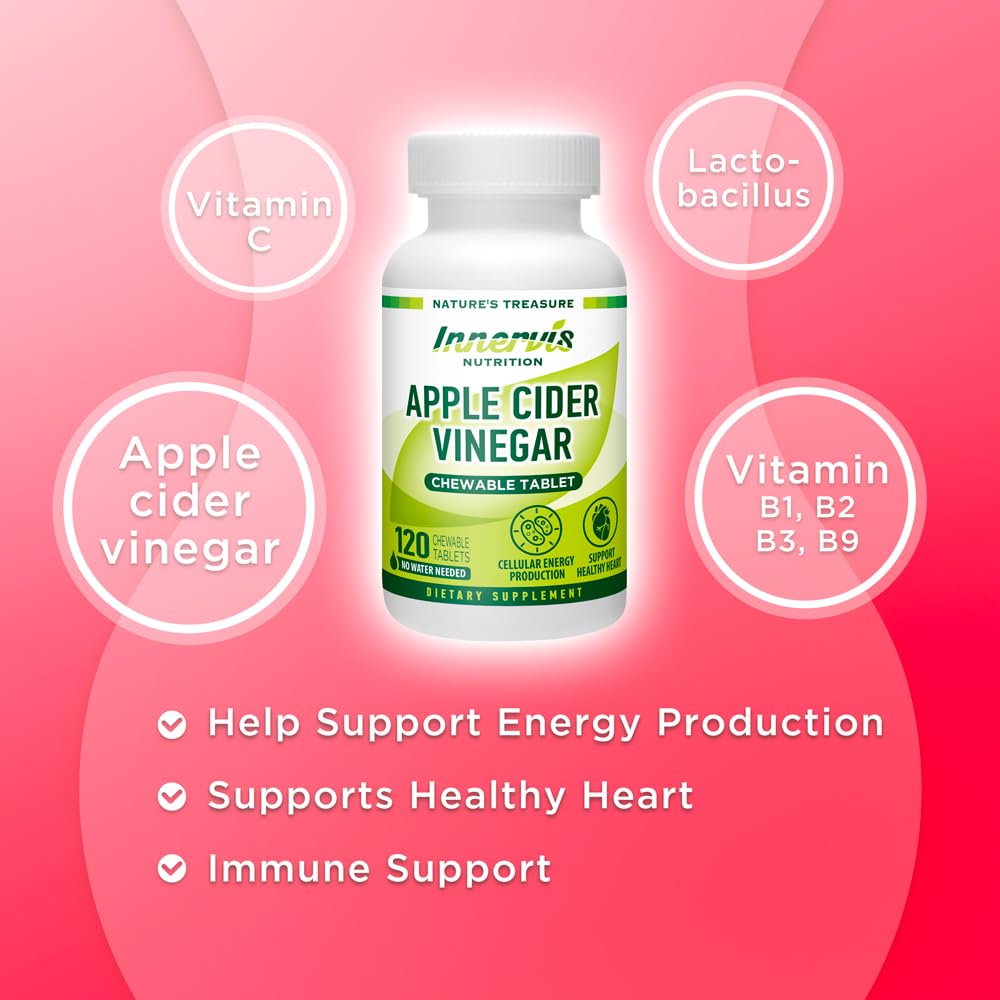 INNERVISNUTRITION Apple Cider Vinegar 120 Chewable Tablets Healthy Heart Immune Support Energy Production Supplement