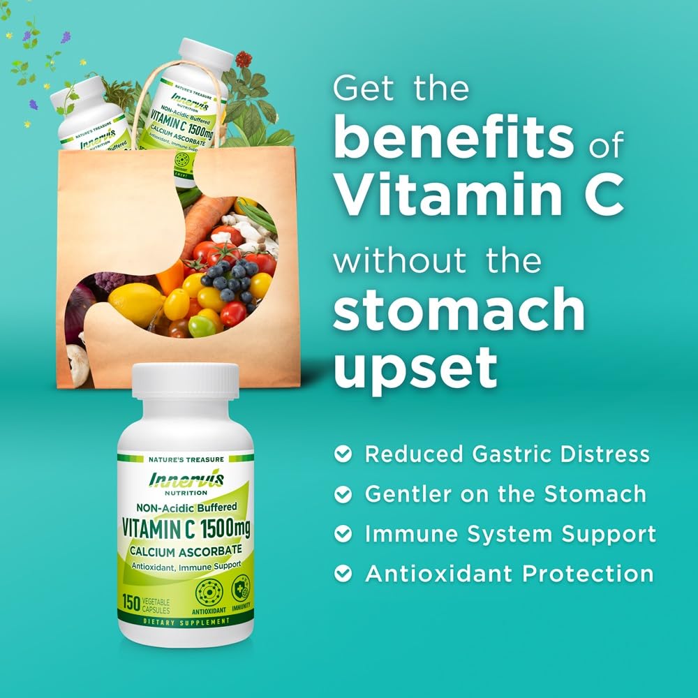 INNERVISNUTRITION Non Acidic Buffered Vitamin C - 1500mg Calcium Ascorbate 150 Veggie Capsules for Sensitive Stomach Antioxidant Support Healthy Immune System