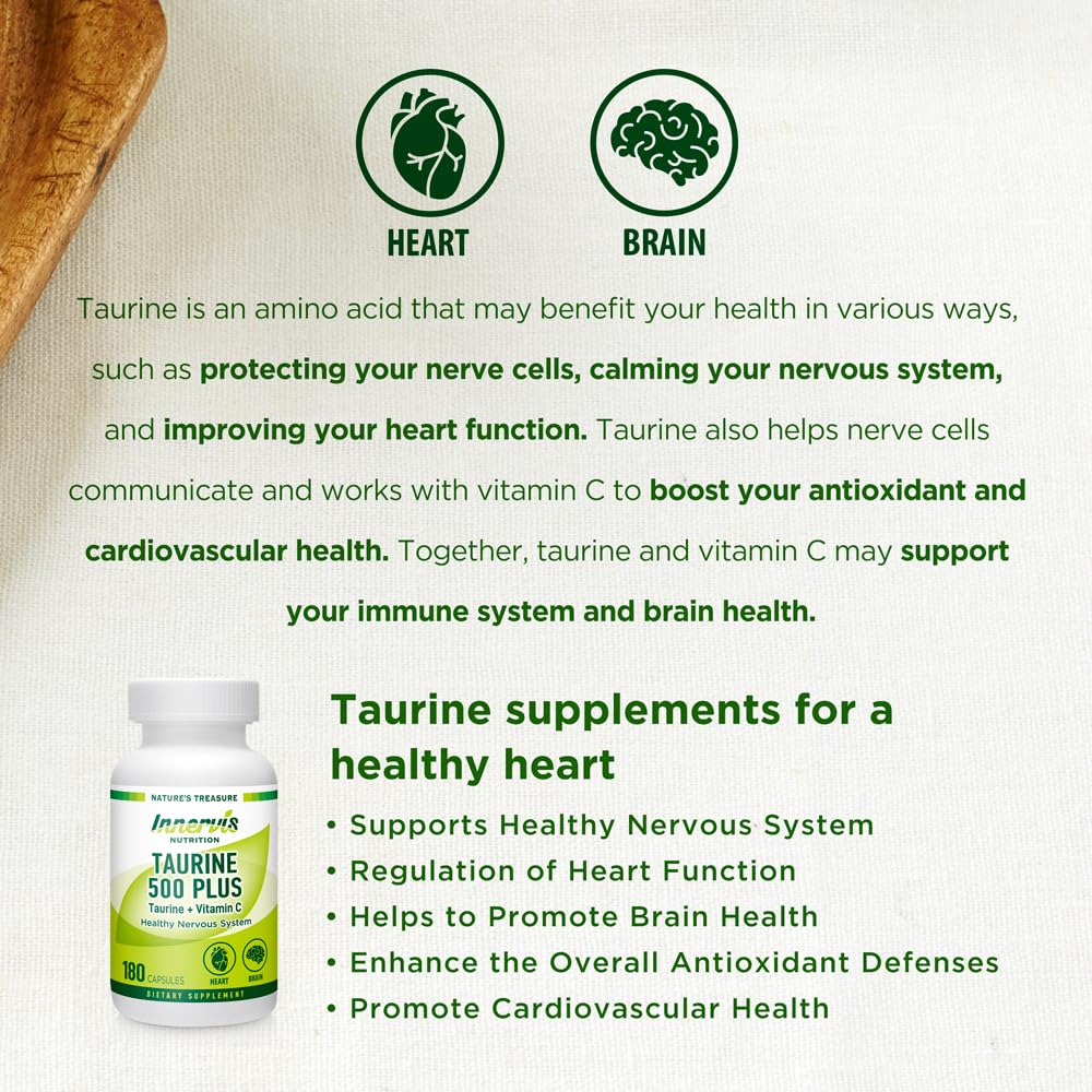 INNERVISNUTRITION Taurine 500 Plus Vitamin C – 180 Capsules Healthy Heart Brain Health Boost Energy Antioxidant Amino Acid Supplement