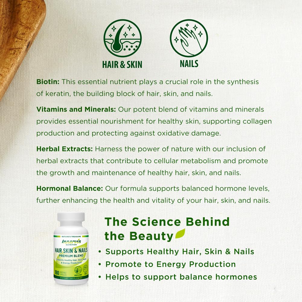 INNERVISNUTRITION Supplement for Hair Skin and Nails – 180 Veggie Capsules Supports Healthy Hair Skin Nails and Energy Production Premium Blend Biotin Vitamin and Minerals